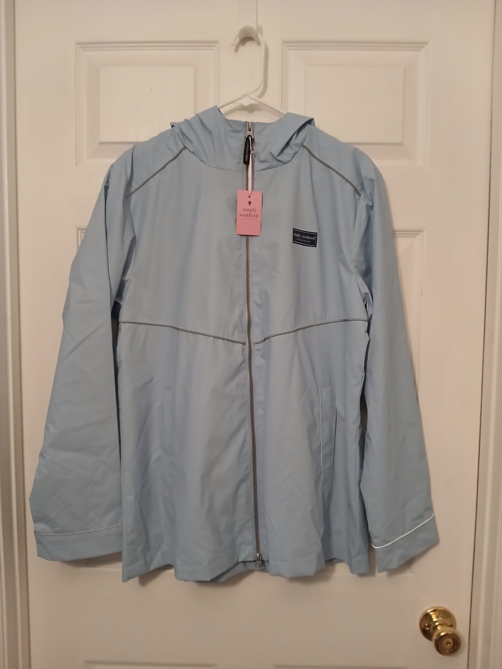 Simply Southern Light Blue Hooded Raincoat With Interior Geometric Pattern